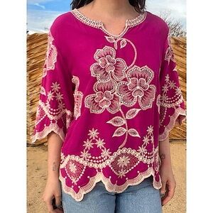 Anthropologie Solitaire Embroidered Scalloped Edges Fuchsia Blouse Siz…